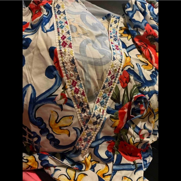 Boho White exotic Vibrant Print Ballon Sleeve WRAP CROP Top Blouse Shirt - Picture 6 of 9